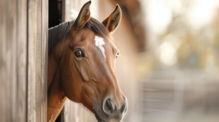 A beautiful brown horse with a white spot on its forehead peeks out of a wooden stable, capturing the essence of curiosity and tranquility in a rural setting.