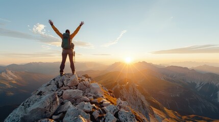 Obraz premium An individual with a backpack stands with arms raised on a rocky mountain summit at sunrise, representing freedom, triumph, and the beauty of nature in a breathtaking panoramic view.