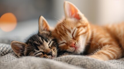 Fototapeta premium Two small kittens, one with orange stripes and the other with darker markings, sleep soundly snuggled against each other on a cozy, soft blanket in a peaceful indoor setting.