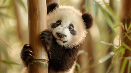 Obraz premium An image of a panda bear gripping a bamboo stalk, nestled in its natural habitat, surrounded by lush greenery, focusing on the panda's playful nature and the serene environment.