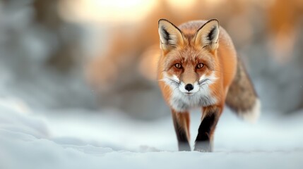 Obraz premium A beautiful fox with bright fur and sharp eyes is walking towards the camera in a snowy winter forest, capturing the essence of wildlife in a serene, cold environment.