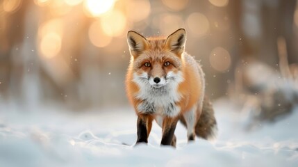 Fototapeta premium A majestic fox with intense eyes walks through snow, surrounded by a forest with a beautiful bokeh background, capturing the calmness and beauty of nature and wildlife.