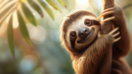 Naklejka premium A fluffy sloth is seen hanging upside down from a tree branch in a lush green jungle, embodying the essence of calmness and tranquility in its natural habitat.