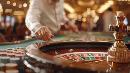 An engaging shot of a casino setting showing a hand placing a bet on a roulette wheel, emphasizing the excitement, anticipation, and energy associated with casino gambling.