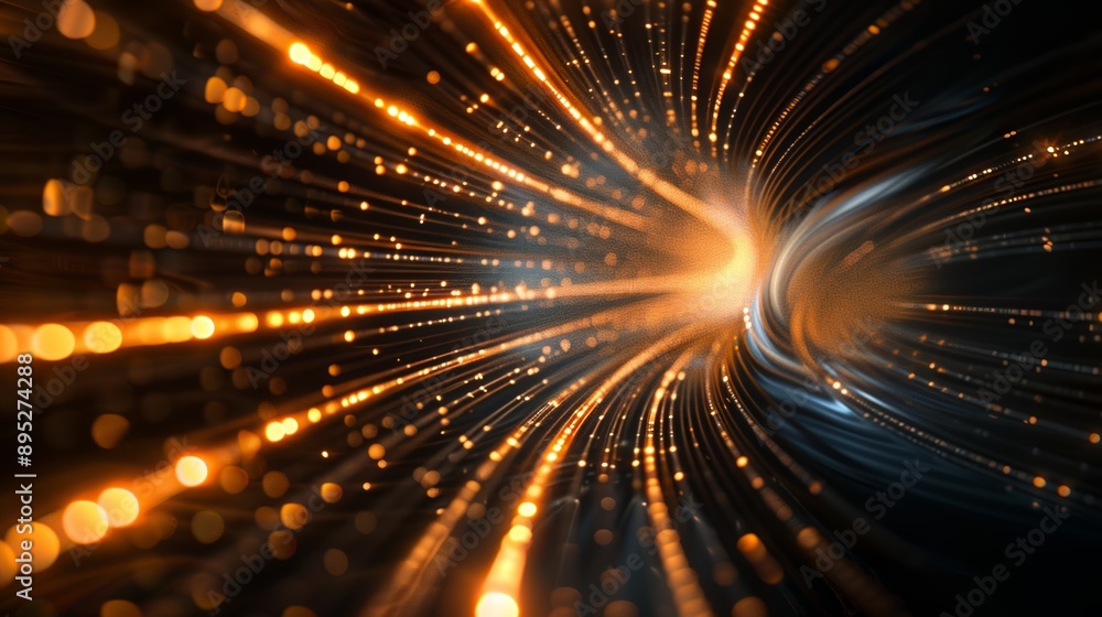 Poster high speed formation of a wormhole in cyberspace created by abstract golden particles
