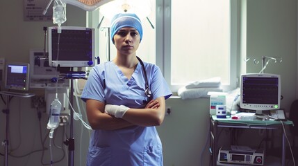 A female nurse stands in a hospital room, arms crossed.
