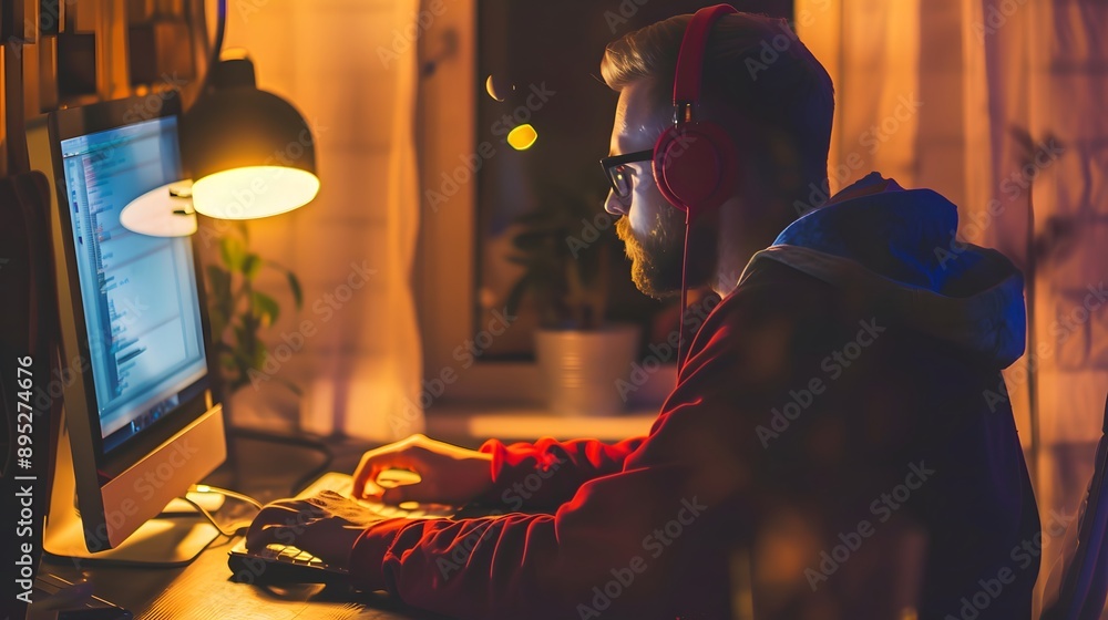 Poster man in red hoodie working on computer in dimly lit room.