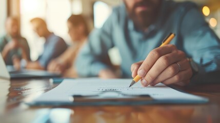 A close-up of a person's hand writing with a pencil on a document while attending a meeting, highlighting focus, interaction, and engagement in a collaborative setting.