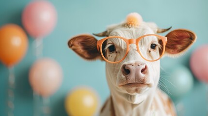 The cow is shown with festive party balloons in the background, creating a humorous and celebratory atmosphere, making the scene both light-hearted and joyful.