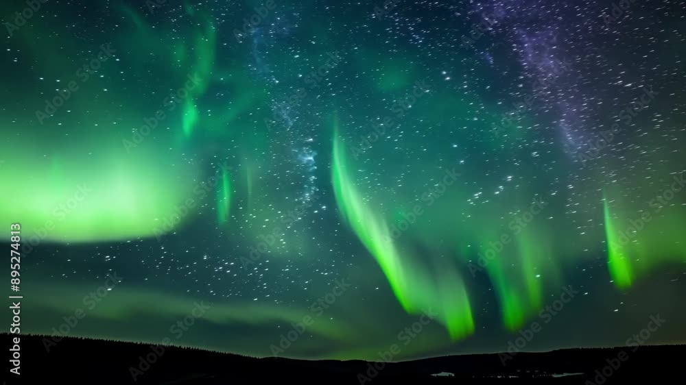 Poster quietly dancing in the dark the aurora waves pulse and ripple in an otherworldly performance.