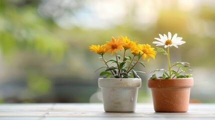 Fototapeta premium Pots of blooming yellow flowers and a single white daisy sit side by side on a sunlit outdoor table, symbolizing simplicity and the beauty of nature in everyday life.