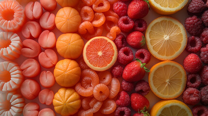 Artistic Photograph of Food Items Arranged in Abstract Shapes and Patterns with Vibrant Colors