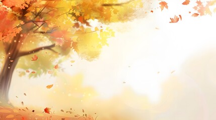 Autumn leaves fall from a tree, creating a beautiful golden backdrop.