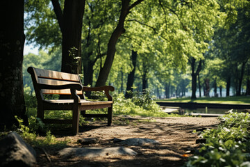 A serene park bench nestled under a canopy of trees, inviting relaxation and contemplation. Concept of tranquility and nature's embrace. Generative Ai.