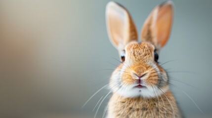 Obraz premium A close-up of an adorable rabbit staring intently forward with a focused expression, showcasing the fine details of its fur and whiskers under soft, diffuse lighting.