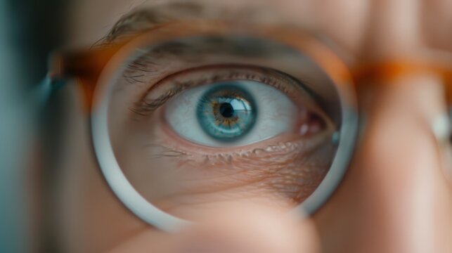 An intense close-up of a blue eye peering through round-framed glasses, emphasizing focus, vision, and clarity, highlighted by the intricate details of the eye.