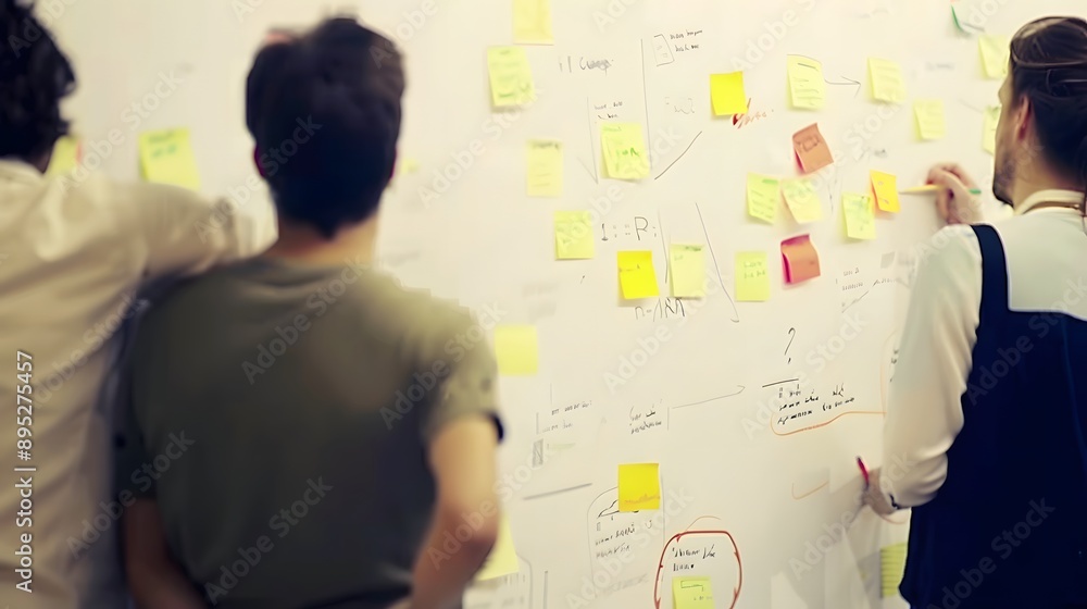 Aufkleber team of three brainstorming on a whiteboard covered with sticky notes.