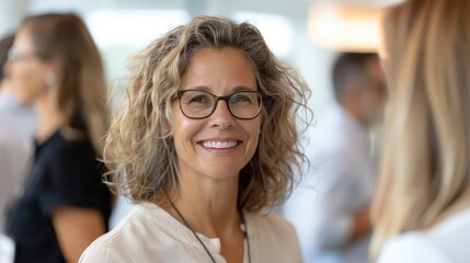 Fototapeta premium A happy, professional woman with curly hair and glasses smiles confidently in a networking setting, amid a blurred group of businesspeople.