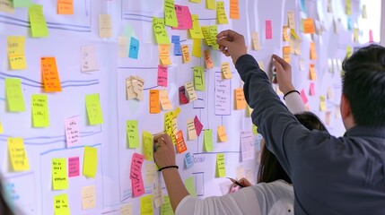 Two people collaborate on a project, using sticky notes to brainstorm ideas.