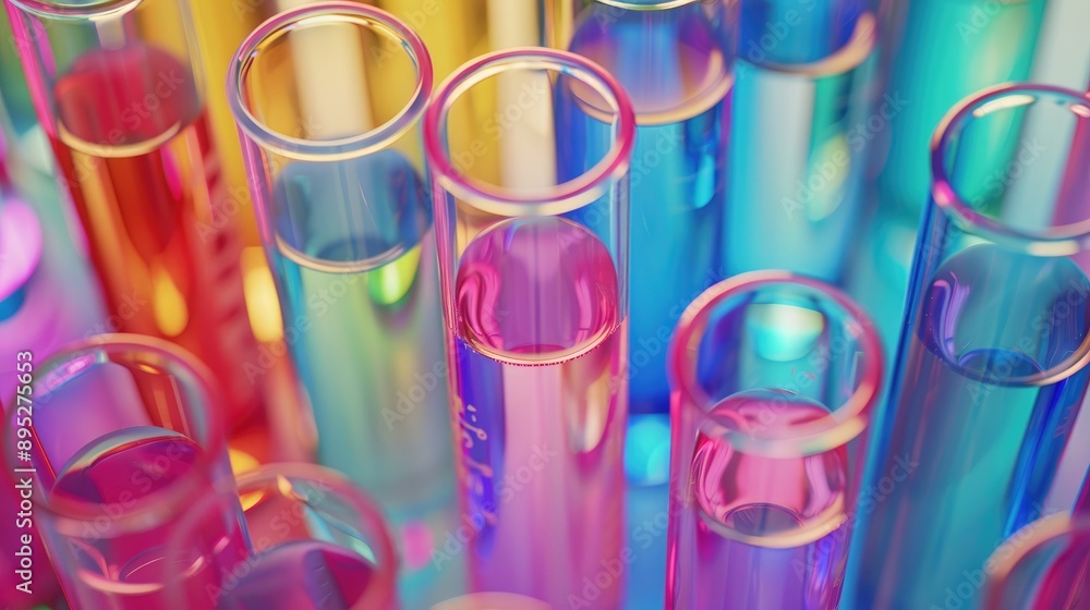 Poster close up high angle view of colorful liquid filled test tubes in a laboratory with space for text
