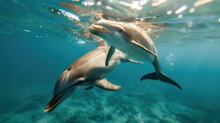 Naklejka premium A pair of dolphins swim gracefully in the clear blue waters of the ocean, showcasing the serene beauty and harmony of marine life in an underwater environment.