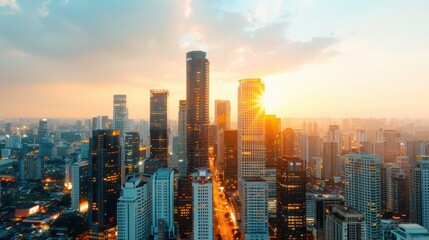 Obraz premium Breathtaking sunset over a bustling modern city with tall skyscrapers and busy streets, capturing the vibrant energy and golden hues of the evening urban landscape.