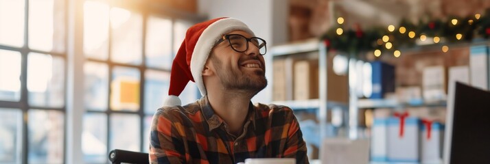 The office has a delightful atmosphere at Christmas, with the staff happily celebrating and enjoying the festive decorations. An employee in a Santa hat adds to the cheer and joy of the season