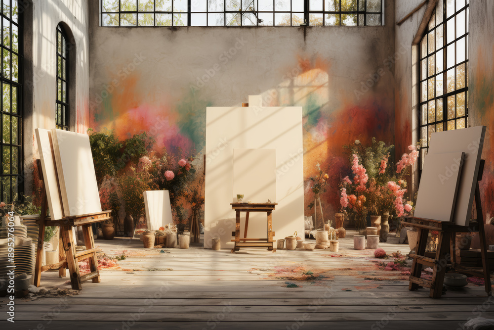 Poster an empty art studio with canvases waiting to be filled, bathed in the soft glow of natural light. co