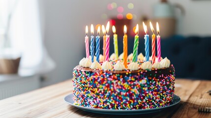 Colorful birthday cake with sprinkles and twenty one candles