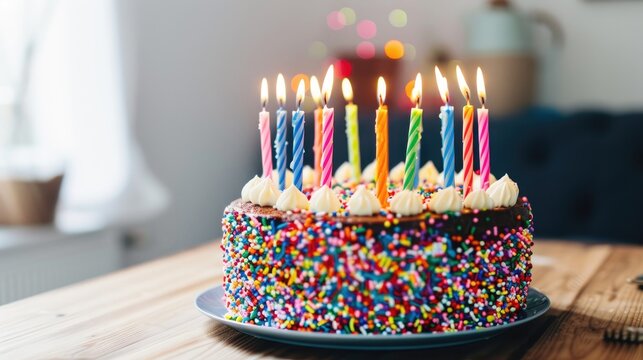 Colorful birthday cake with sprinkles and twenty one candles
