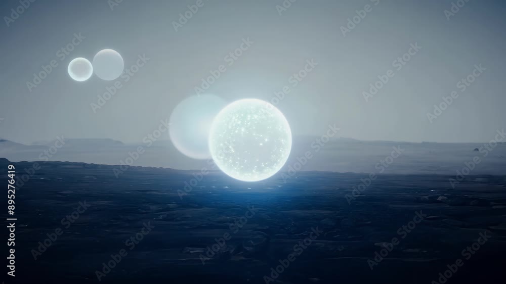 Poster a serene landscape of shimmering orbs casting an ethereal light in a desolate space.
