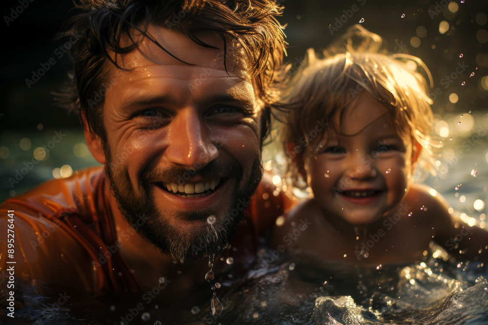 Wall mural a father helping his child overcome their fear of swimming, patiently guiding them through each stro