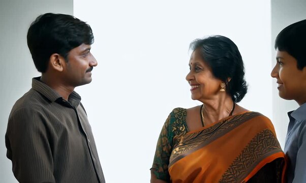 Group portrait of an Indian woman in her 50s in a minimalist background