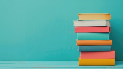 Fototapeta premium Colorful books stack on table with copy space Educational theme Ready for school