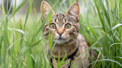 Cats on harnesses prowling through tall grass, curious and adventurous