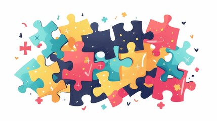 Naklejka premium A colorful jigsaw puzzle with a white background. The puzzle pieces are scattered all over the image, creating a sense of chaos and disarray. The colors of the puzzle pieces are vibrant