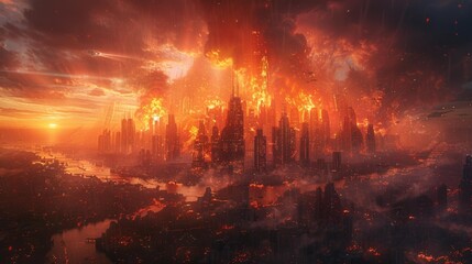 Fototapeta premium Burning futuristic city at sunset - generative ai