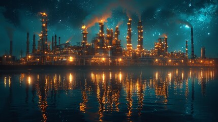 Fototapeta premium Industrial refinery at night with reflections in water - generative ai
