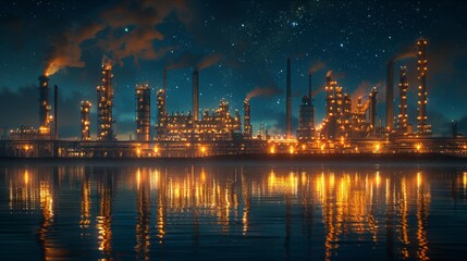 Fototapeta premium Industrial plant at night by the water - generative ai