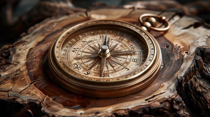 Vintage compass on wooden surface - generative ai