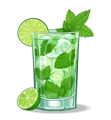 Alcoholic cocktail mojito recipe on black background. Bar drink, beverage in glass for menu and beverages lettering posters, wall decoration, prints, menu design. Hand drawn typography with sketches.