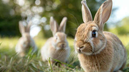 Friendly rabbits trekking through a lush meadow, playful and energetic
