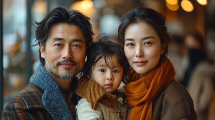  Portrait of a Korean family with parents and their young toddler kid at happy home 