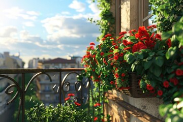 Naklejka premium A colorful balcony with many flowers, ideal for decorating interior or exterior spaces