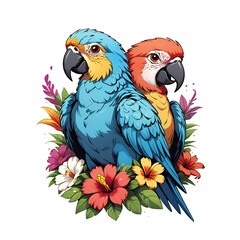 Two colorful parrots are perched on a flowery background