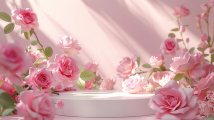 Podium with pink roses and purple flowers on pastel background for product presentation, beauty showcase scene