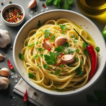 Prato de macarronada espaguete com folhas de manjeric&atilde;o, tomate cereja picado, molho de tomate e alho na tigela.