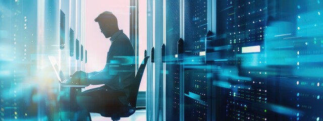 Silhouette of a Technician Working in a Server Room with Data Flow
