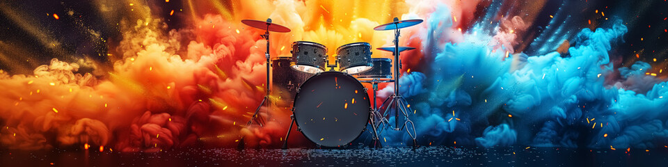 fantasy drums in colorful powder explosion background with copy space. Design for Wall Art, Poster Print, Wallpaper & Background