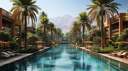 Obraz premium swimming pool in luxury resort or hotel, travel to enjoy relaxation. Design for Wall Art, Poster Print, Wallpaper & Background